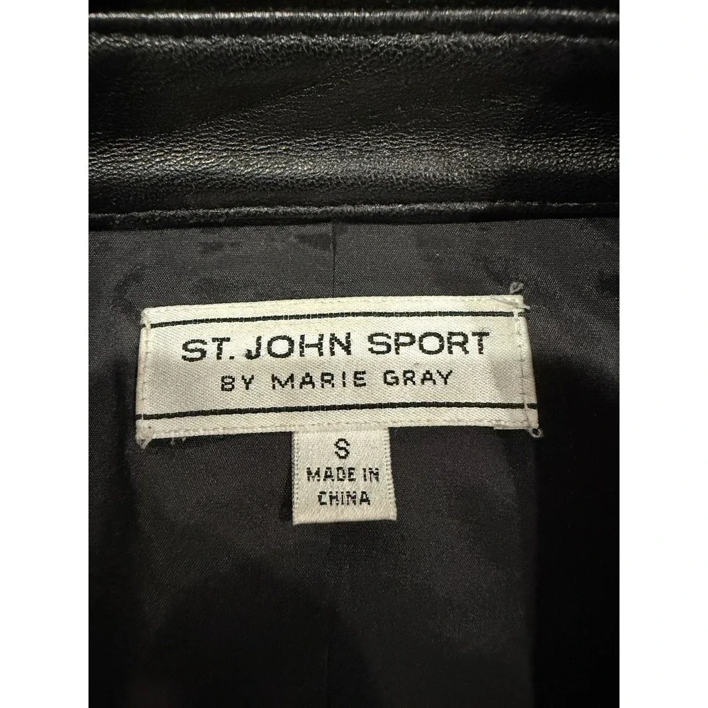 St John Sport Marie Gray Black Leather Jacket Woven Trim Gold Hardware Small